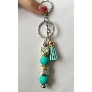 Turquoise and Gold Beaded Keychain with Tassel
